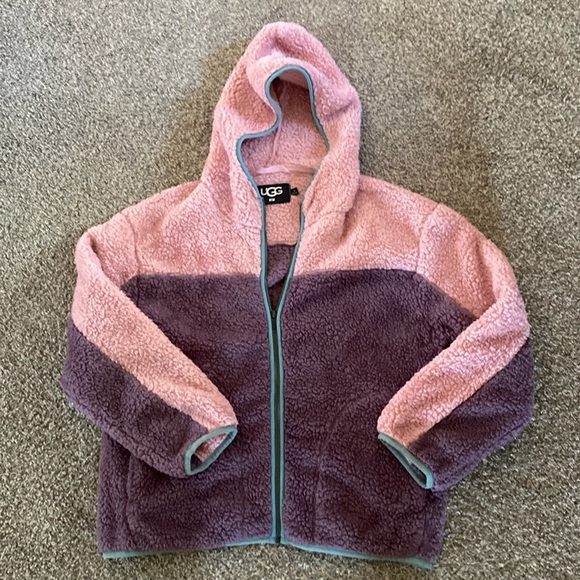 Women’s UGG XS Sherpa fleece jacket pink and purple with light blue ribbing - Picture 1 of 3